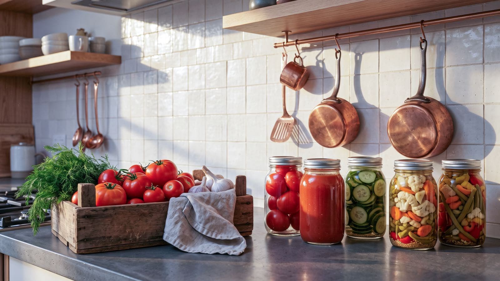 Bocaux en verre remplis de tomates et de pickles de légumes alignés sur un plan de travail