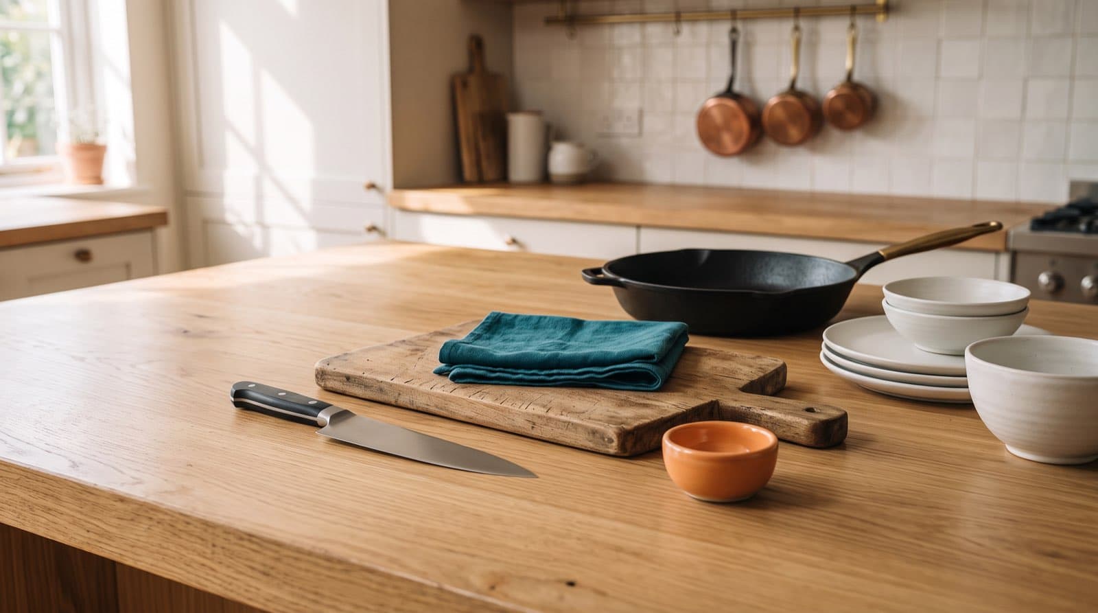 Couteau de chef, planche en bois, poêle en fonte et vaisselle blanche sur un plan de travail