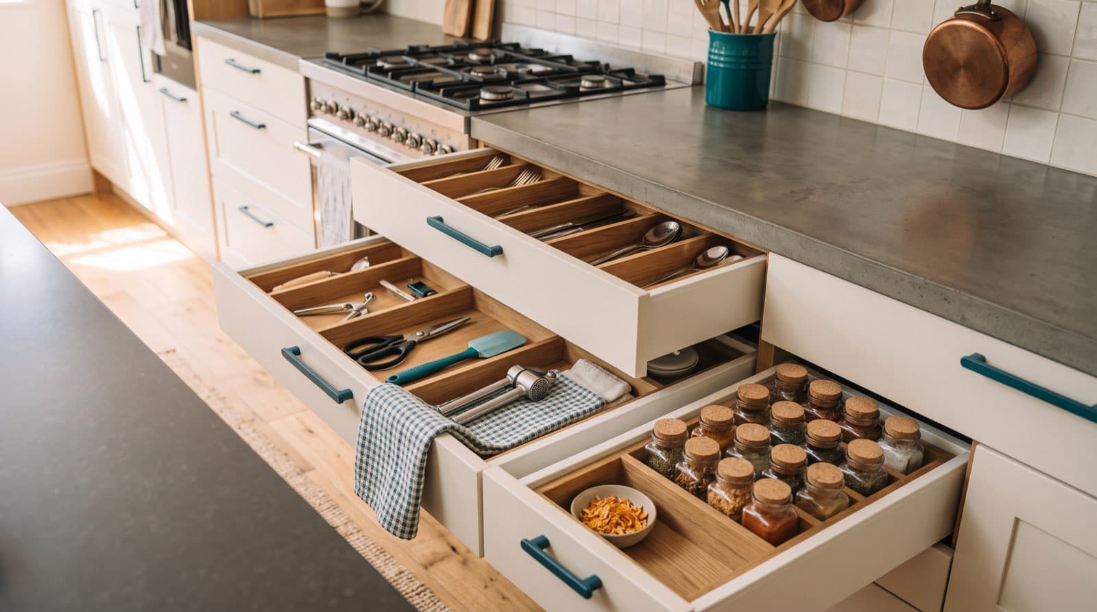 Tiroirs de cuisine ouverts et organisés avec séparateurs en bois et bocaux à épices